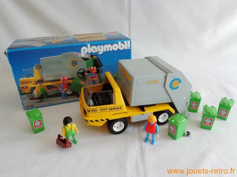 Playmobil Vintage Ville Camion de Poubelle Eboueurs avec 2 Figurines et 3  Poubelles