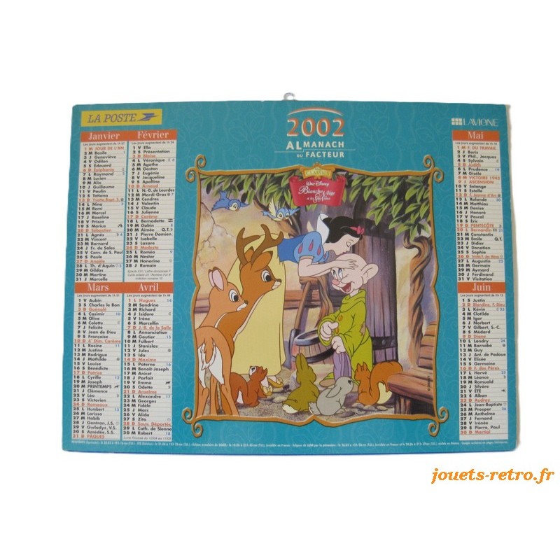 Almanach du facteur 2002 Disney "Blanche neige + Belle et clochard"